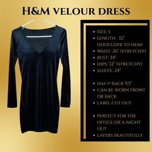 H&M Black Velour Bodycon Dress | V-Back Long Sleeve Mini | Holiday Party Outfit